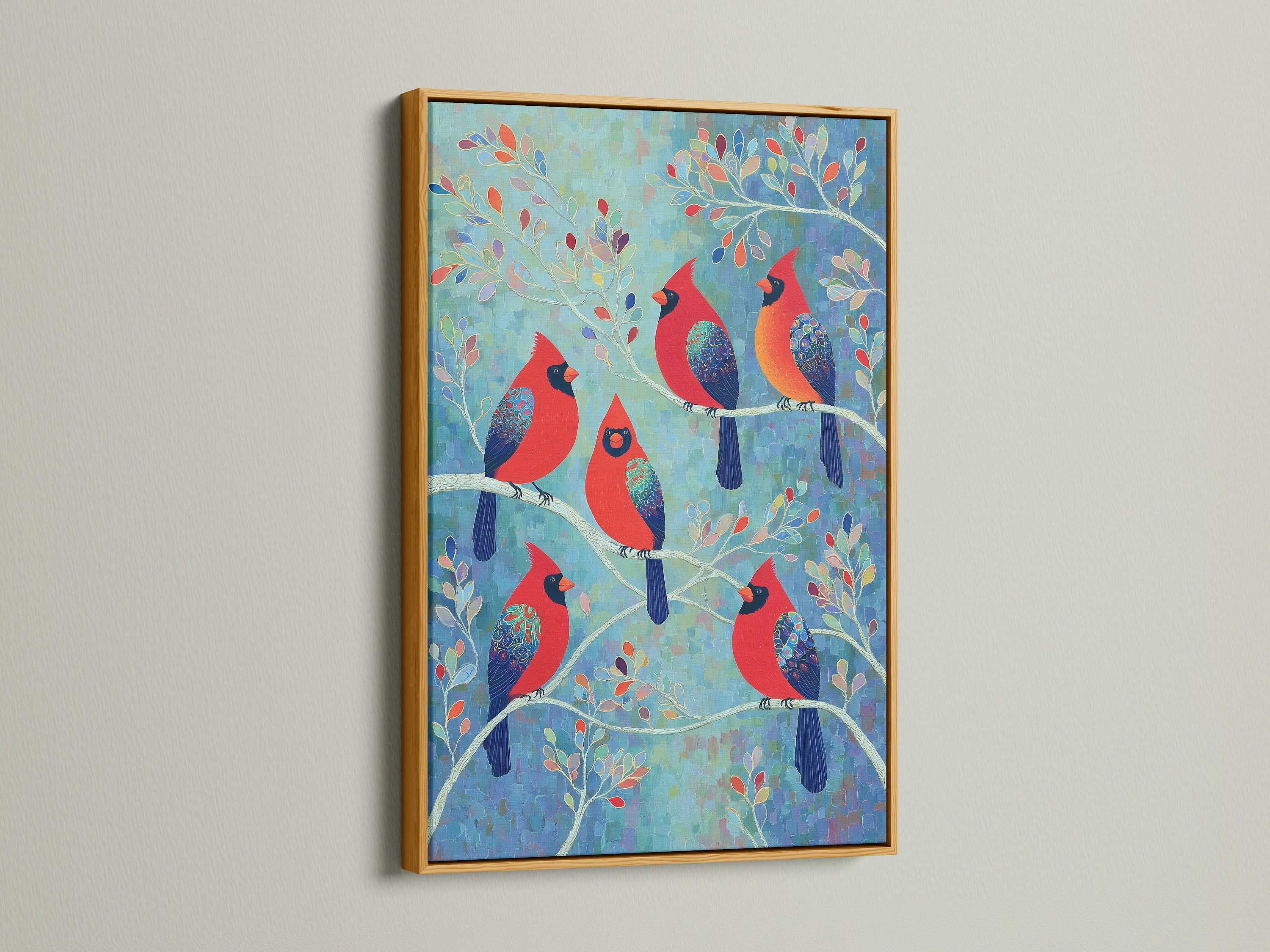 The 'Cardinal Birds' artwork is displayed in a gold frame. This adds a touch of elegance to your home wall decor. Perfect for nature lovers the gold frame enhances the whimsical art.
