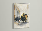 Artwork of a bull statue in a white frame displayed on a wall. The white frame offers a clean modern aesthetic. It enhances the artwork. See how a white frame transforms this art piece.