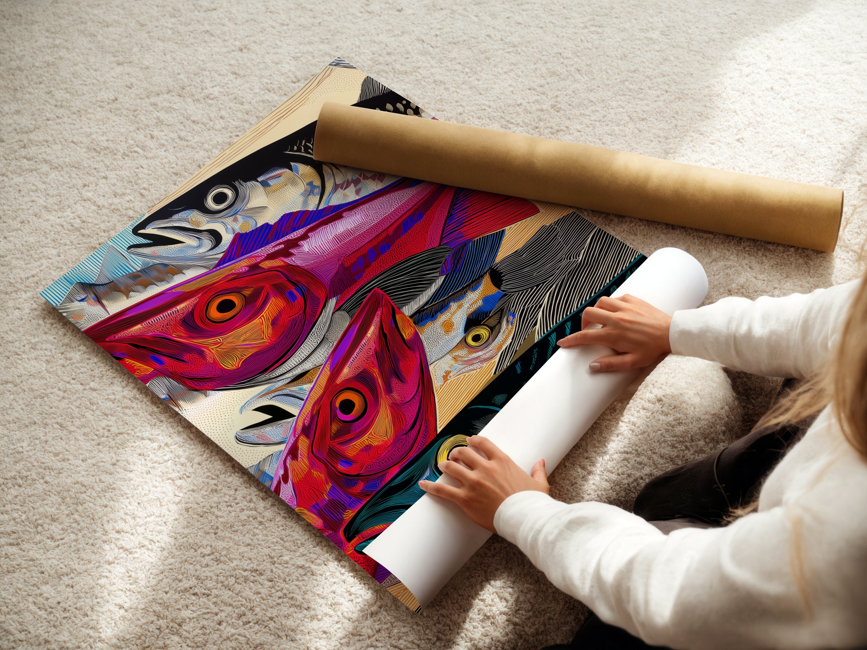 A woman carefully rolls a fine art poster paper. The fine art paper enhances the detail of this artwork. This marine life print is ready for framing. Great for art lovers and collectors.