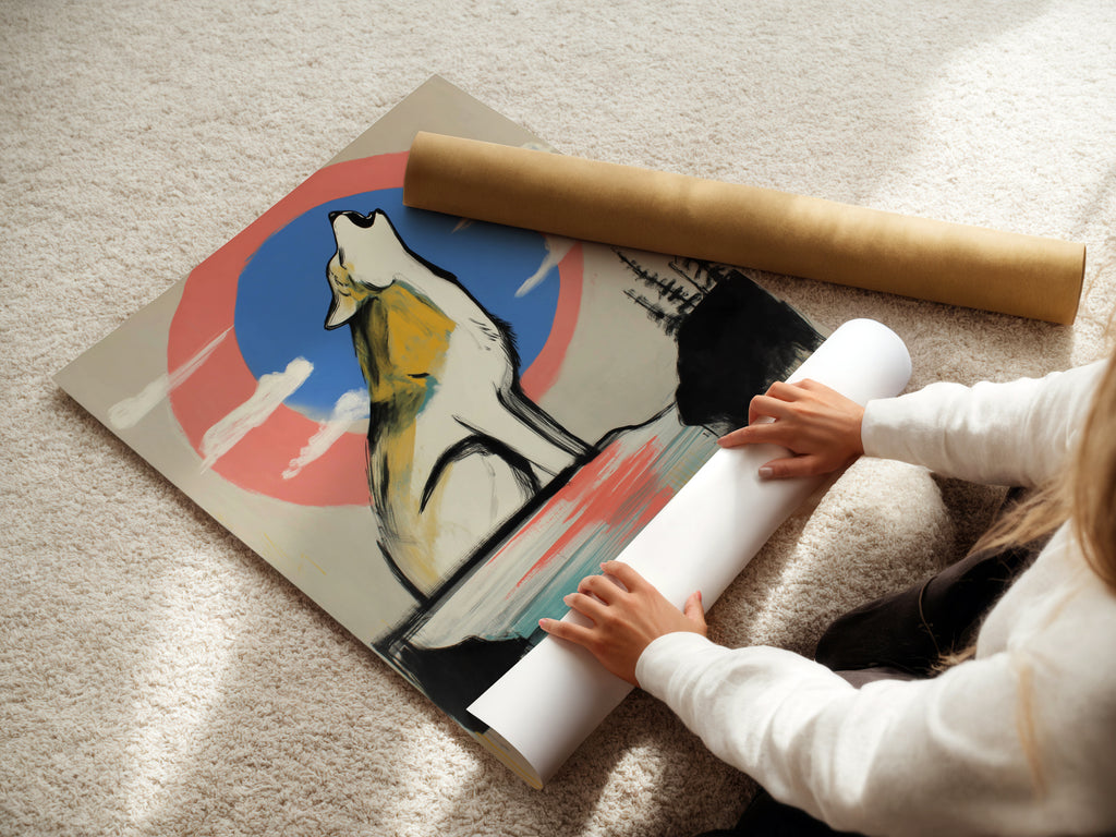 A woman is carefully rolling a fine art poster paper. The paper displays a wolf artwork. It features a howling wolf with a modern abstract coral blue sky. This high-quality print is perfect for framing. Ideal for collectors and art enthusiasts. Elevate your space with fine art.