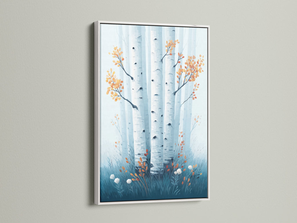 Birch tree art in a white frame. This nature print is a great addition to any room. The teal wall art complements minimalist art and enhances your bedroom decor. Explore this botanical art today.
