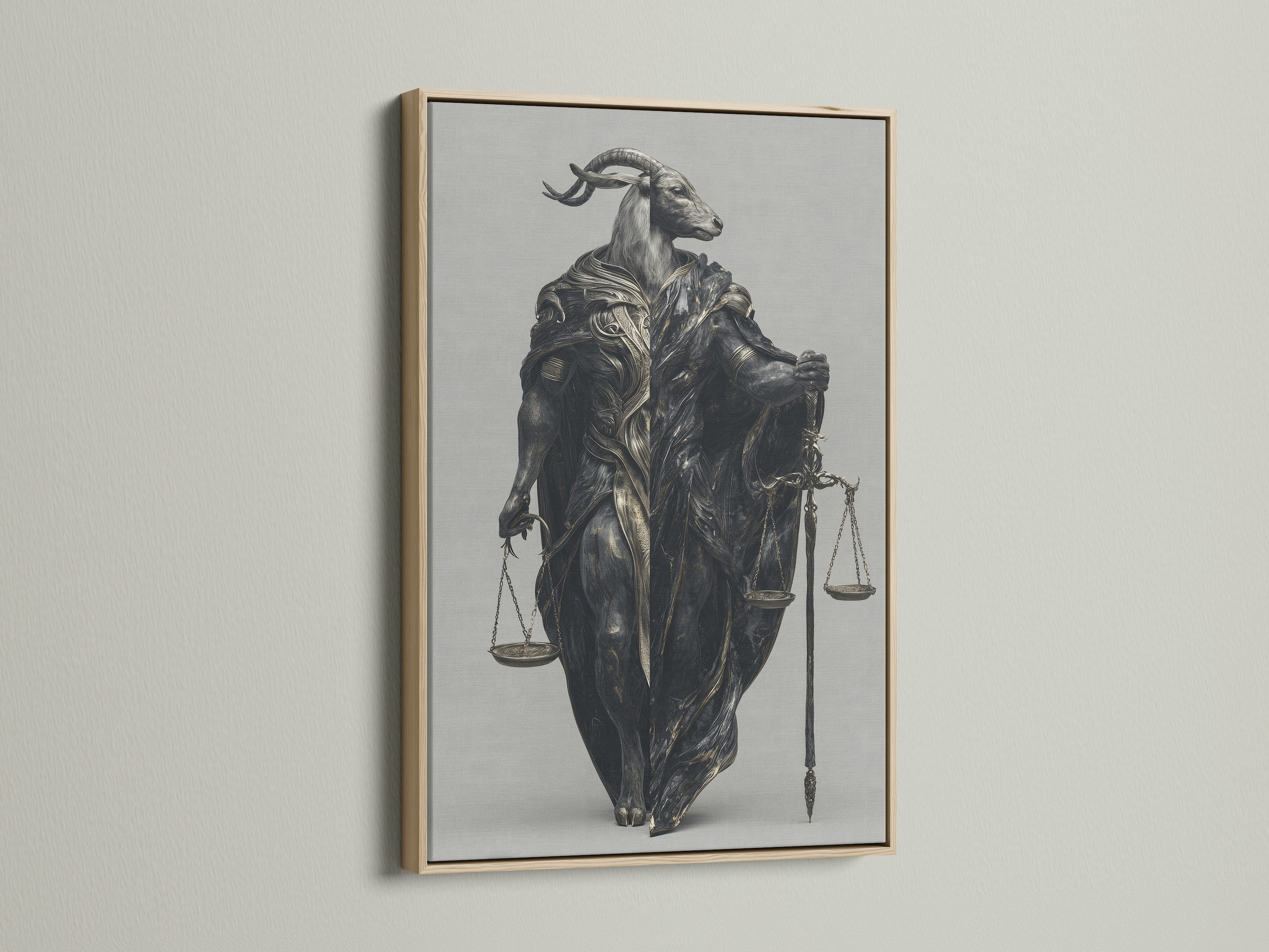 The Justice Scales Goat artwork is showcased in an oak frame. This surreal legal art print adds gothic style to any room. A great piece of dark fantasy art for lawyers judges and law students.