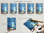 Explore the available options for this tropical beach artwork. Options include stretched canvas prints fine art poster paper and floating frames. Each option highlights the coastal seascape wall art. The indigo blue sunset and palm tree art will transform your space. Perfect for adding a touch of island art.