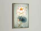 Framed Lotus Flower artwork with an oak frame. This floral canvas art is ideal for minimalist Scandinavian zen or spa styles. The teal floral artwork brings nature inside. Find the perfect flower artwork for your home.