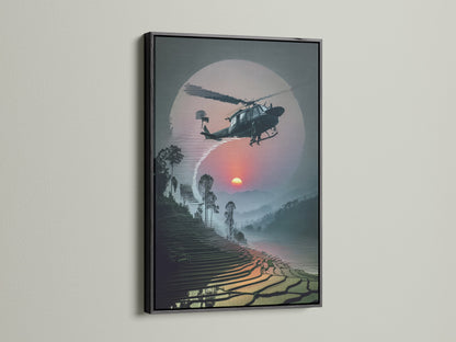 Add a sophisticated touch with Vietnam War Era Wall Art in a black frame. The helicopter artwork offers a unique sunset aviation scene. It is a perfect military aircraft print for modern interiors and man cave decor.