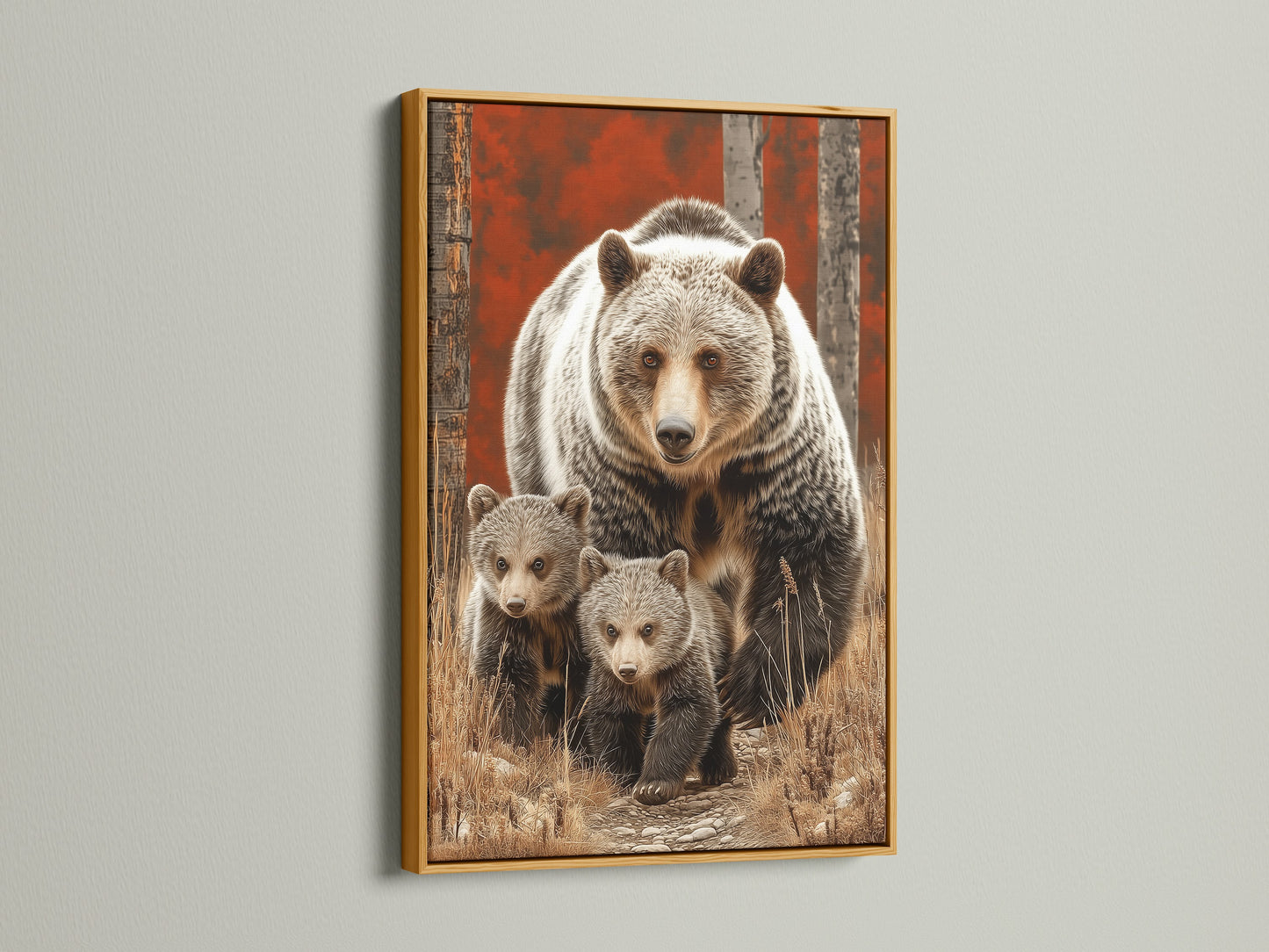 Grizzly Bear Mother and Cubs artwork in a gold frame. This luxurious wildlife art is perfect as a mama bear gift. The gold frame elevates forest canvas prints. It creates a focal point in nature-inspired spaces.