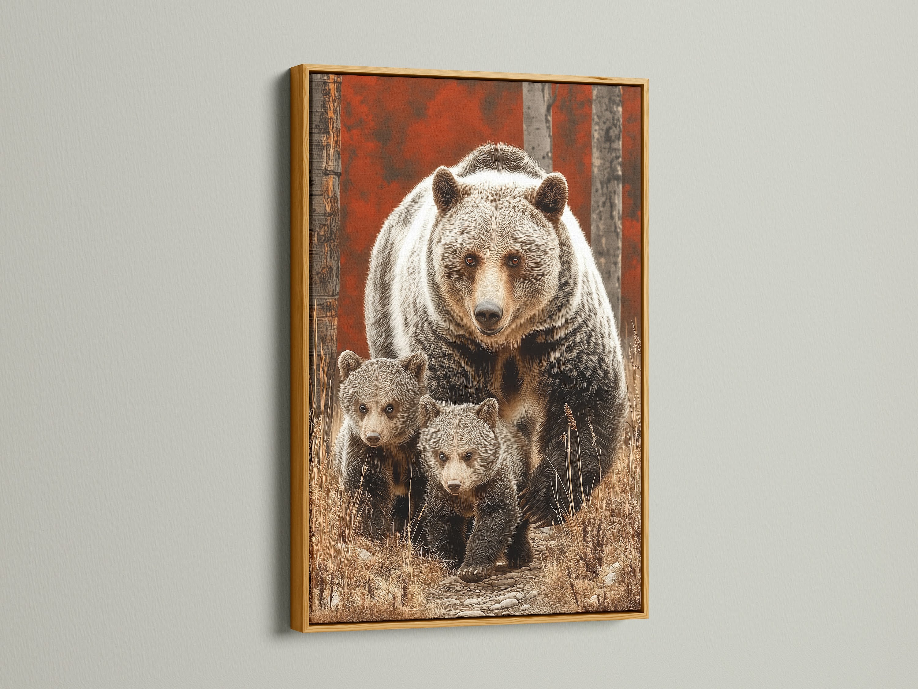 Grizzly Bear Mother and Cubs artwork in a gold frame. This luxurious wildlife art is perfect as a mama bear gift. The gold frame elevates forest canvas prints. It creates a focal point in nature-inspired spaces.