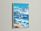 White frame artwork. The artwork shows seagulls in flight over a beautiful ocean view. The white frame offers a clean and modern aesthetic. It ensures the artwork remains the focal point adding brightness to any room it is displayed in.
