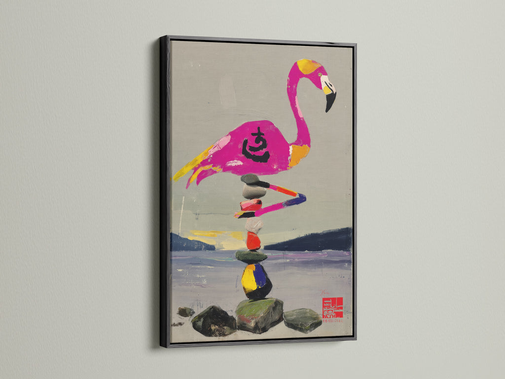 This image shows a flamingo balance art print. It is framed in a sleek black frame. The artwork combines a playful flamingo with a zen stone stack. The black frame adds a modern touch. It makes a statement in any room.