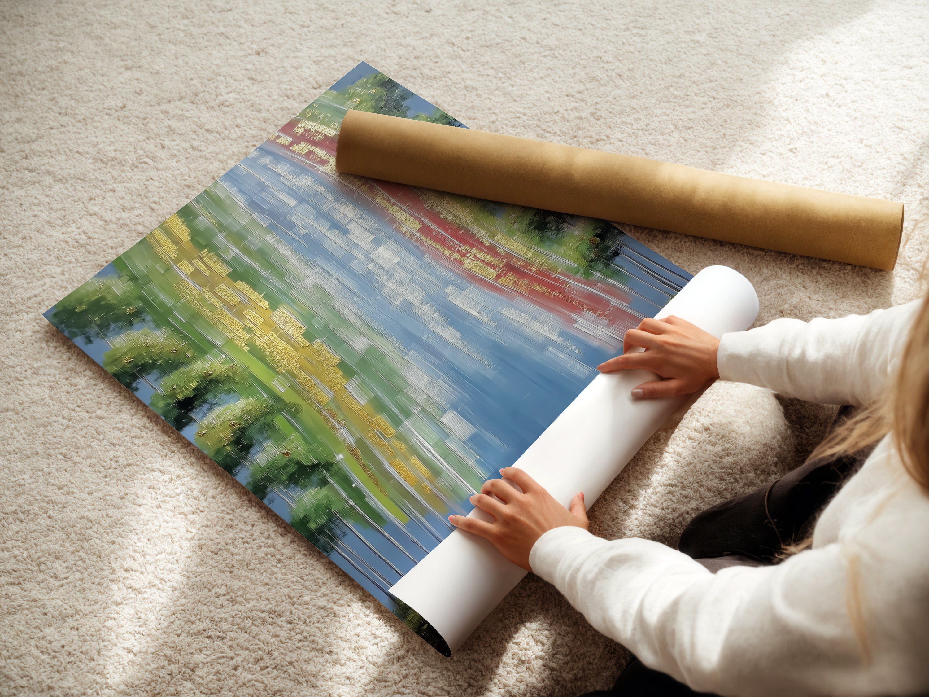A woman carefully rolling a fine art poster paper. This showcases the care in handling abstract artwork. The fine art poster paper ensures quality. River prints and nature wall art are handled with precision. Perfect for art collectors.