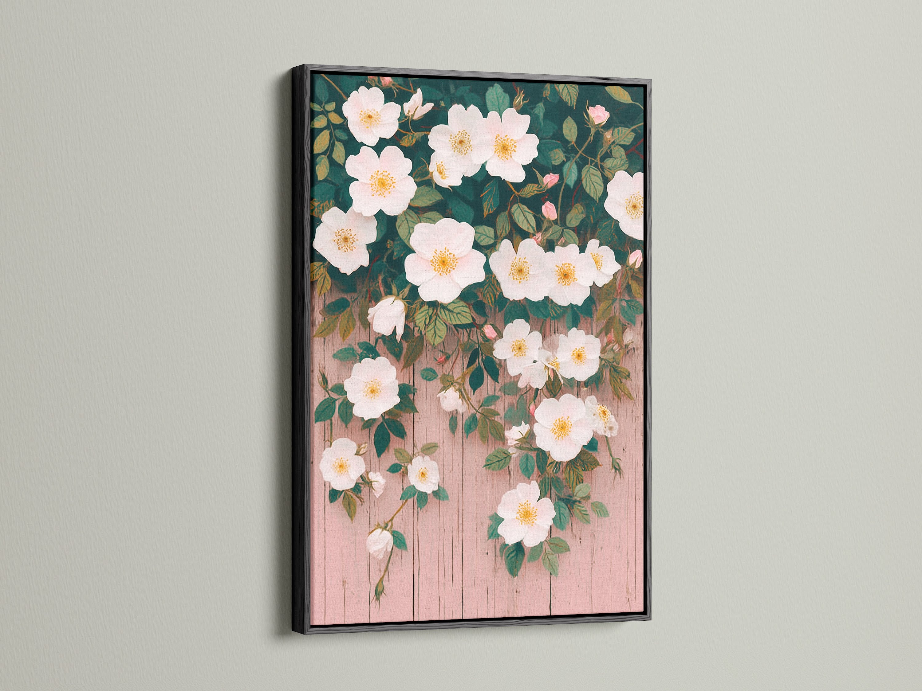 This striking floral artwork is framed in black. The contrast enhances the white flowers. This flower wall decor creates a bold statement. The artwork adds a modern touch to a rustic wall decor. Perfect for creating an elegant space.