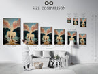 A size comparison chart is displayed in a modern interior. The chart helps you visualize artwork dimensions. See how different sizes fit your space. Choose the perfect size for your needs. Plan your gallery wall with confidence. Explore our size options.