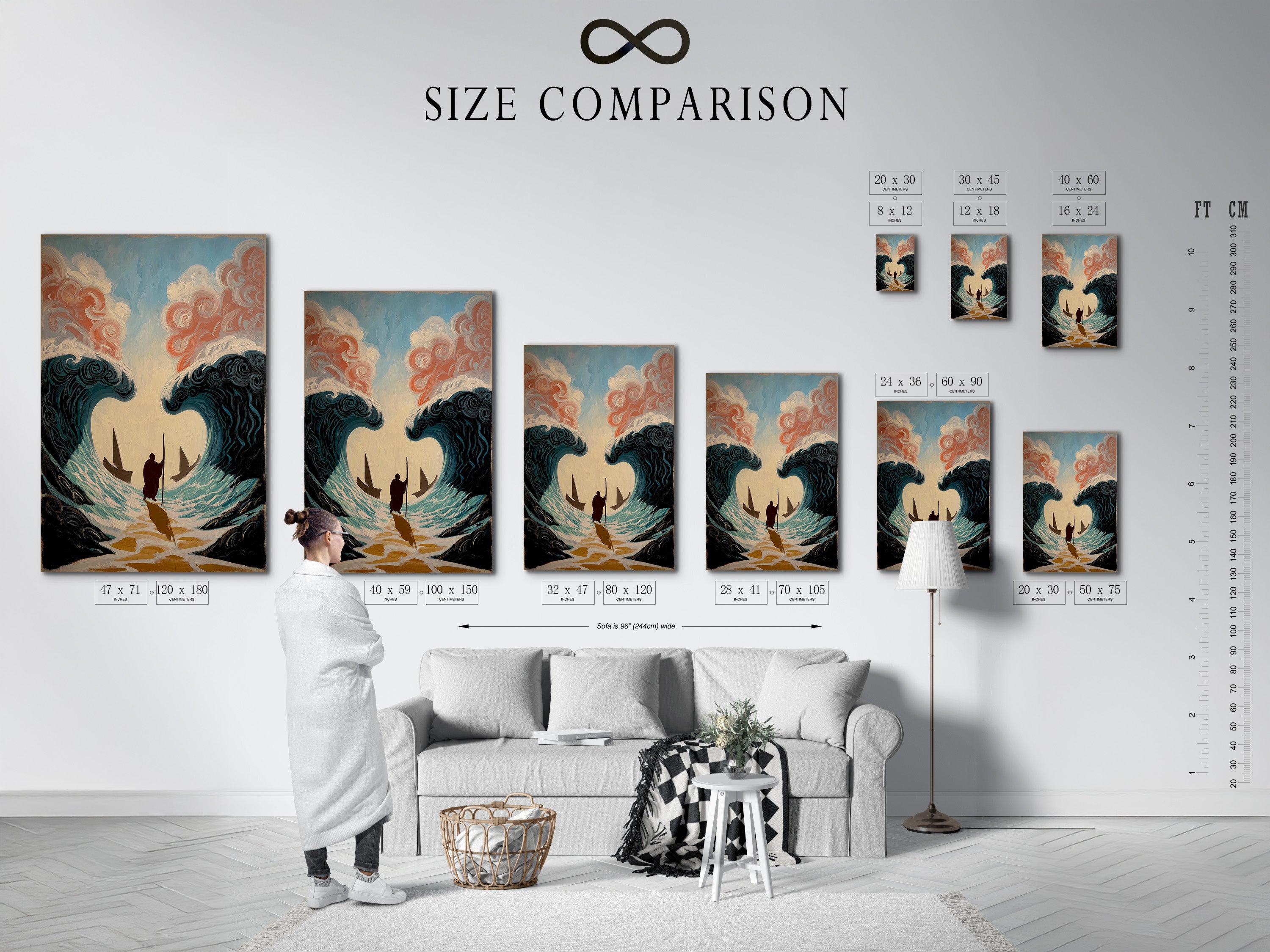 A size comparison chart is displayed in a modern interior. The chart helps you visualize artwork dimensions. See how different sizes fit your space. Choose the perfect size for your needs. Plan your gallery wall with confidence. Explore our size options.