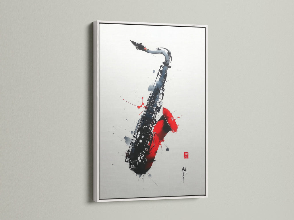 Admire this saxophone art in a white frame. This music canvas print offers a clean look. Ideal for modern music room decor. The red abstract art pops. Elevate your space with this jazz art print today. A perfect choice for any home.