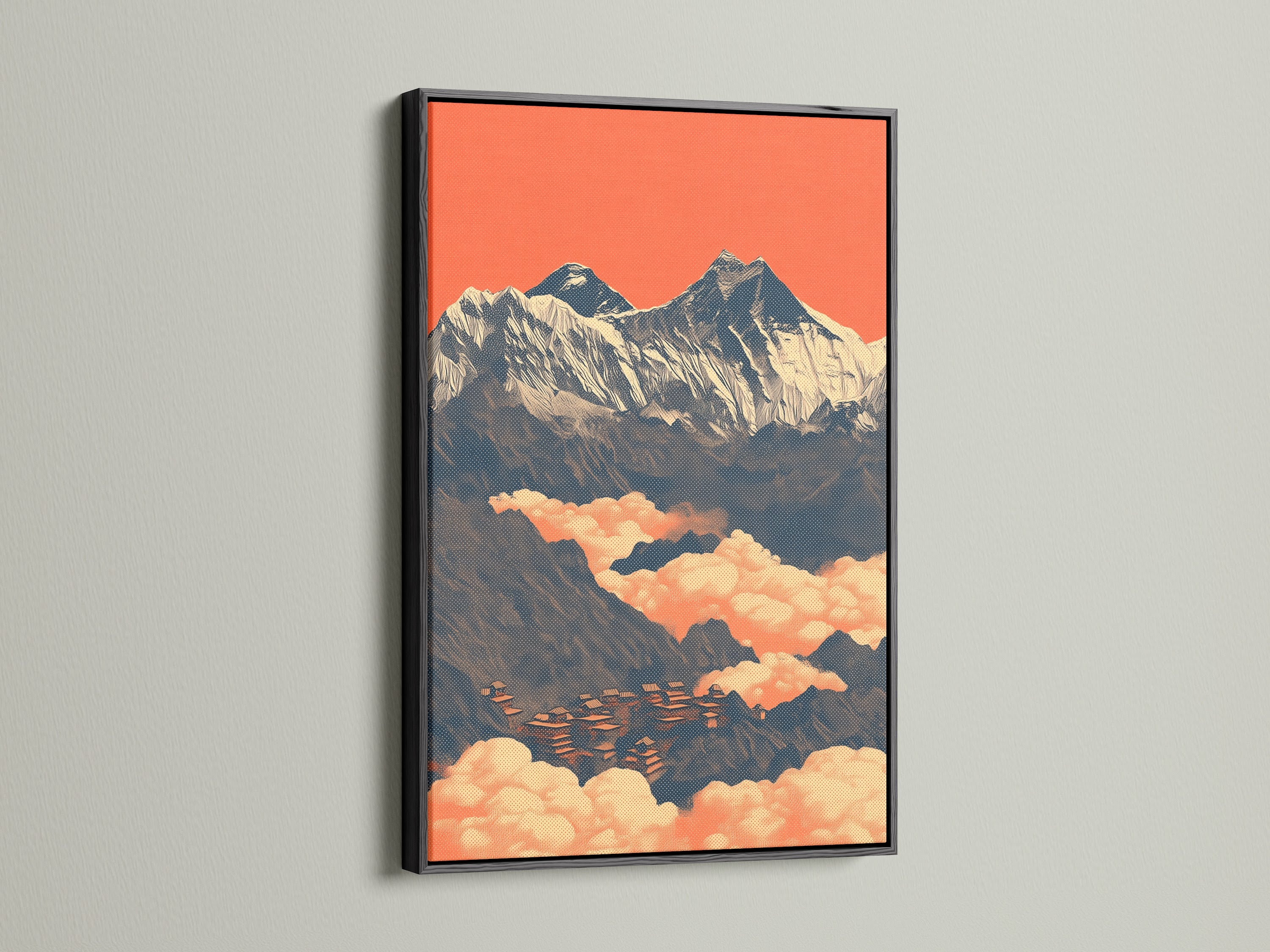 Vintage travel poster in a sleek black frame. This mountain artwork features a Himalayan peak with peach and teal accents. This peak artwork is a perfect fit for modern and eclectic interiors. Available now.
