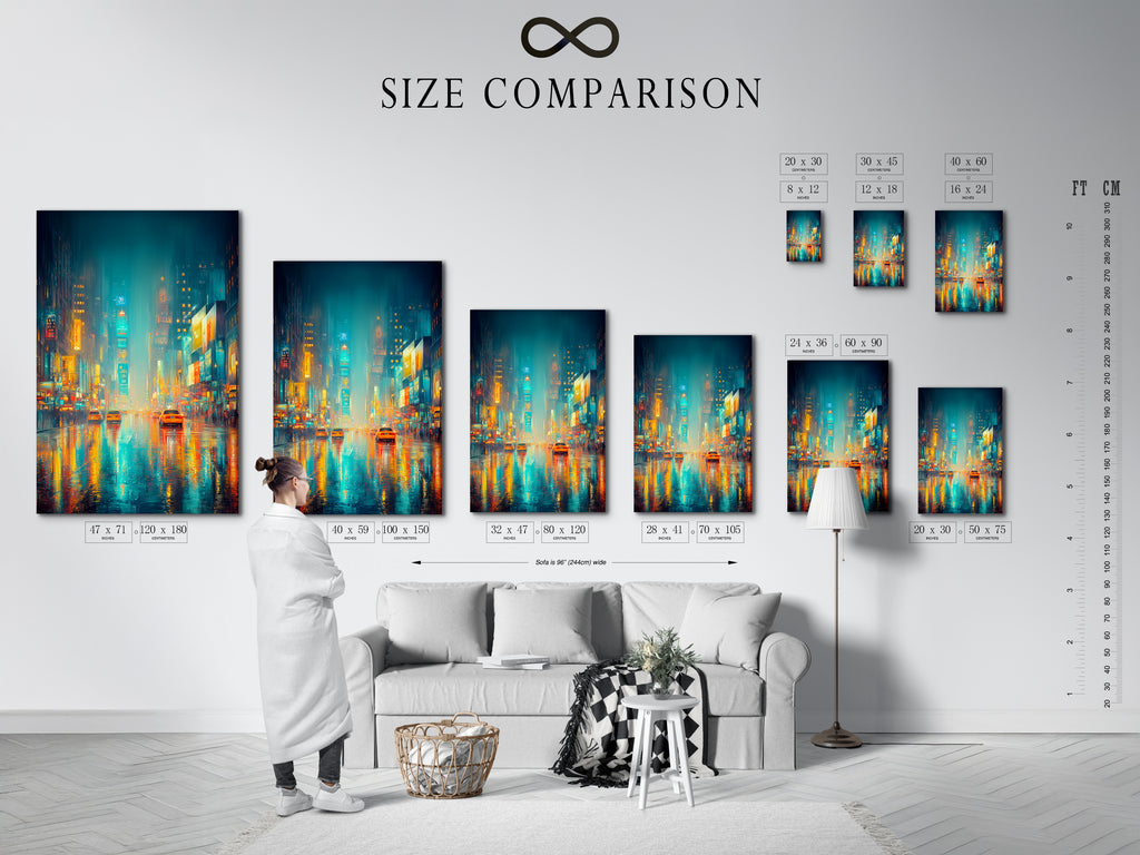 Size comparison chart displayed in an interior setting. The chart shows different sizes of cityscape art. Available as canvas prints and fine art posters. Visualize the perfect fit for your space. The rainy night art adds a modern touch.