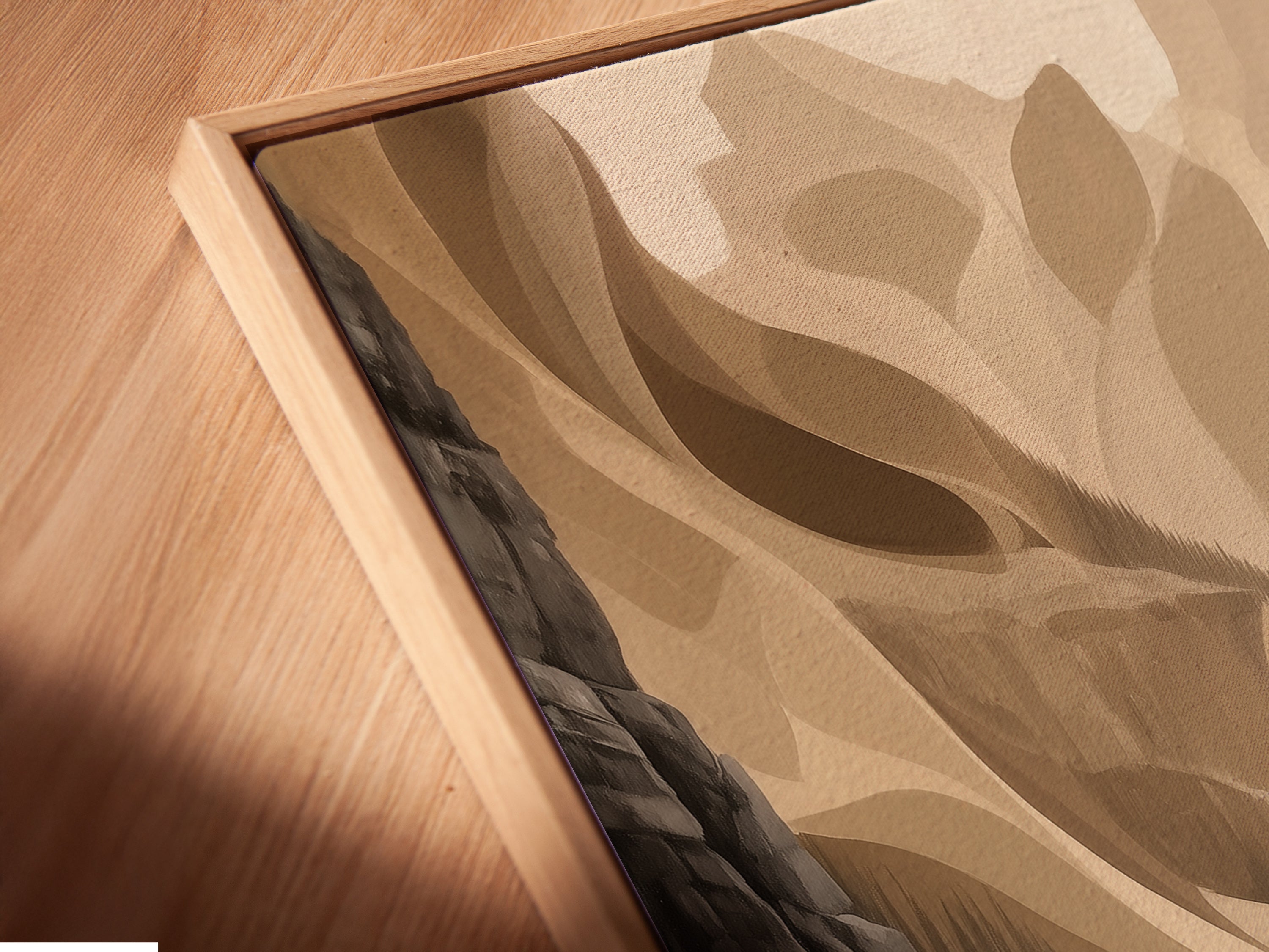 A close-up of a Canoe River canvas print in a floating frame. The angled view highlights the texture and detail of the artwork. This river canvas adds a touch of elegance to any space. Perfect as a canoeing gift