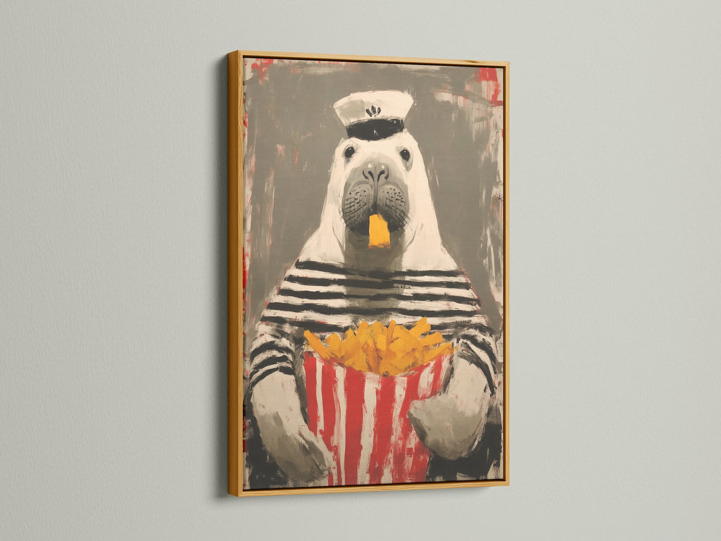 The sailor walrus artwork is presented in a gold frame. The metallic accent adds a luxurious touch. This whimsical canvas art is sure to impress. It brings a unique style to your space. This artwork is a great gift.