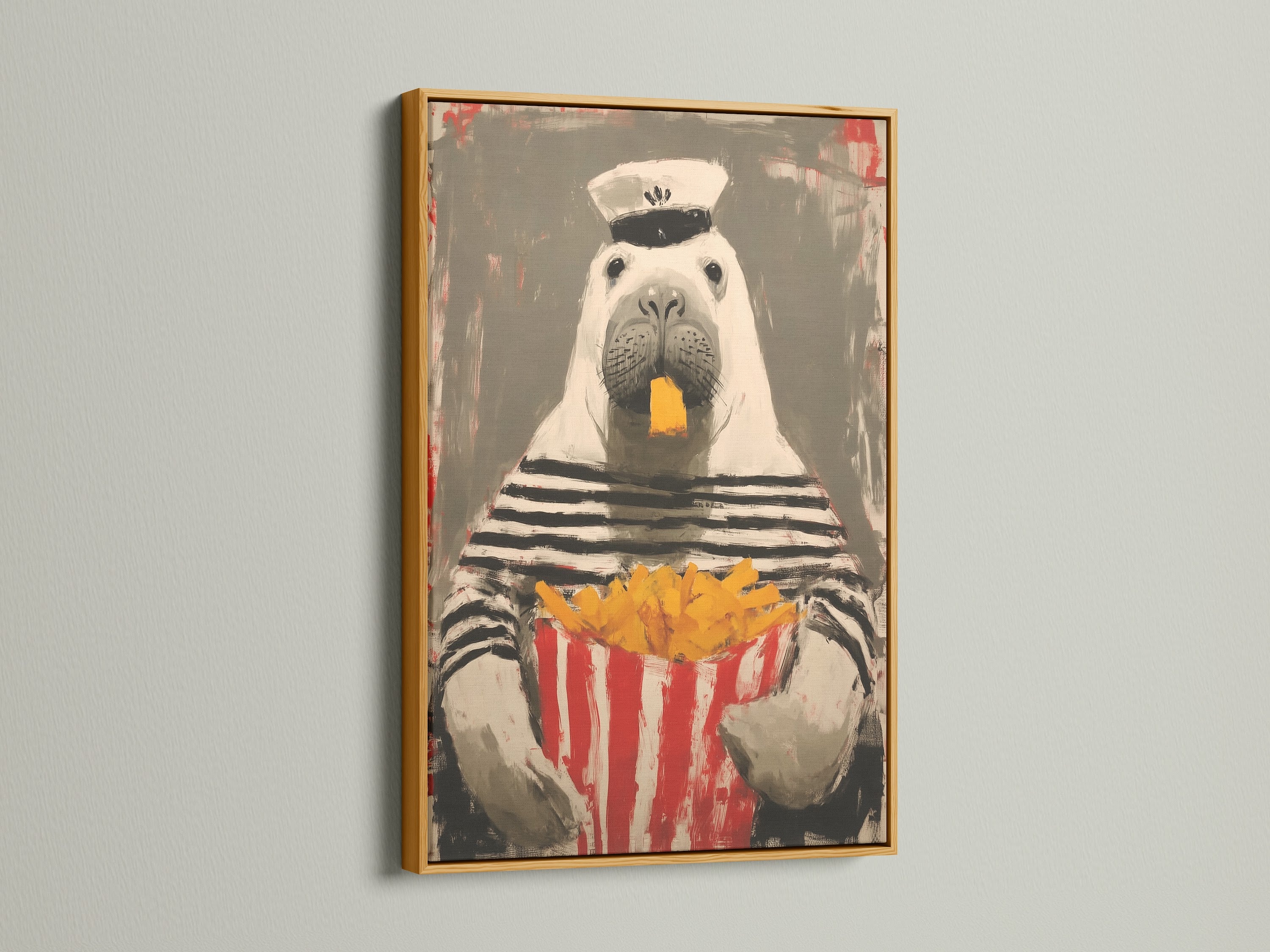 The sailor walrus artwork is presented in a gold frame. The metallic accent adds a luxurious touch. This whimsical canvas art is sure to impress. It brings a unique style to your space. This artwork is a great gift.