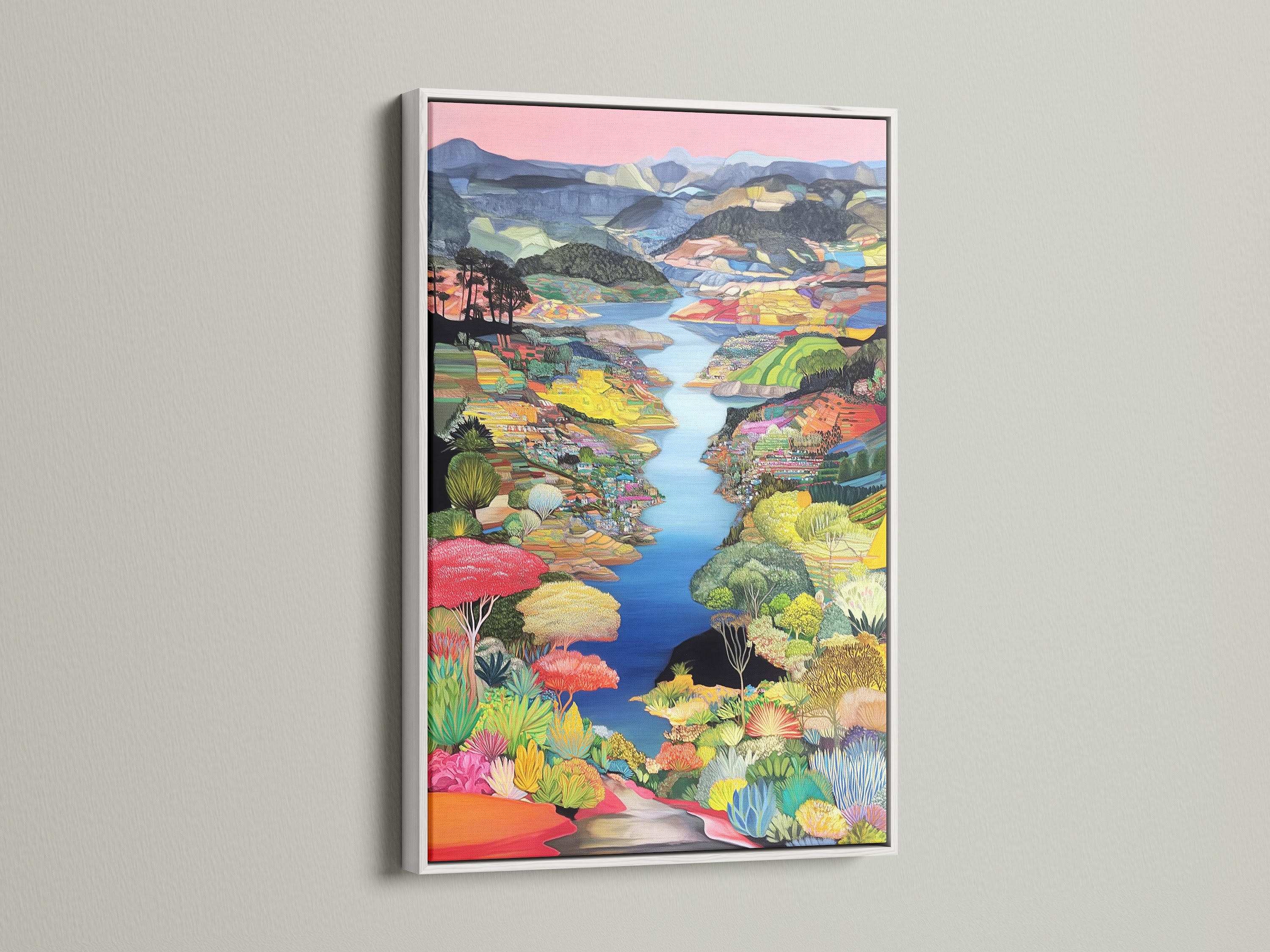 A colorful landscape artwork is displayed in a white frame. This nature wall art adds a modern touch to any room. It is perfect for minimalist or Scandinavian styles. The vibrant colors and whimsical decor brighten up any space. This artwork is suitable for homes and offices