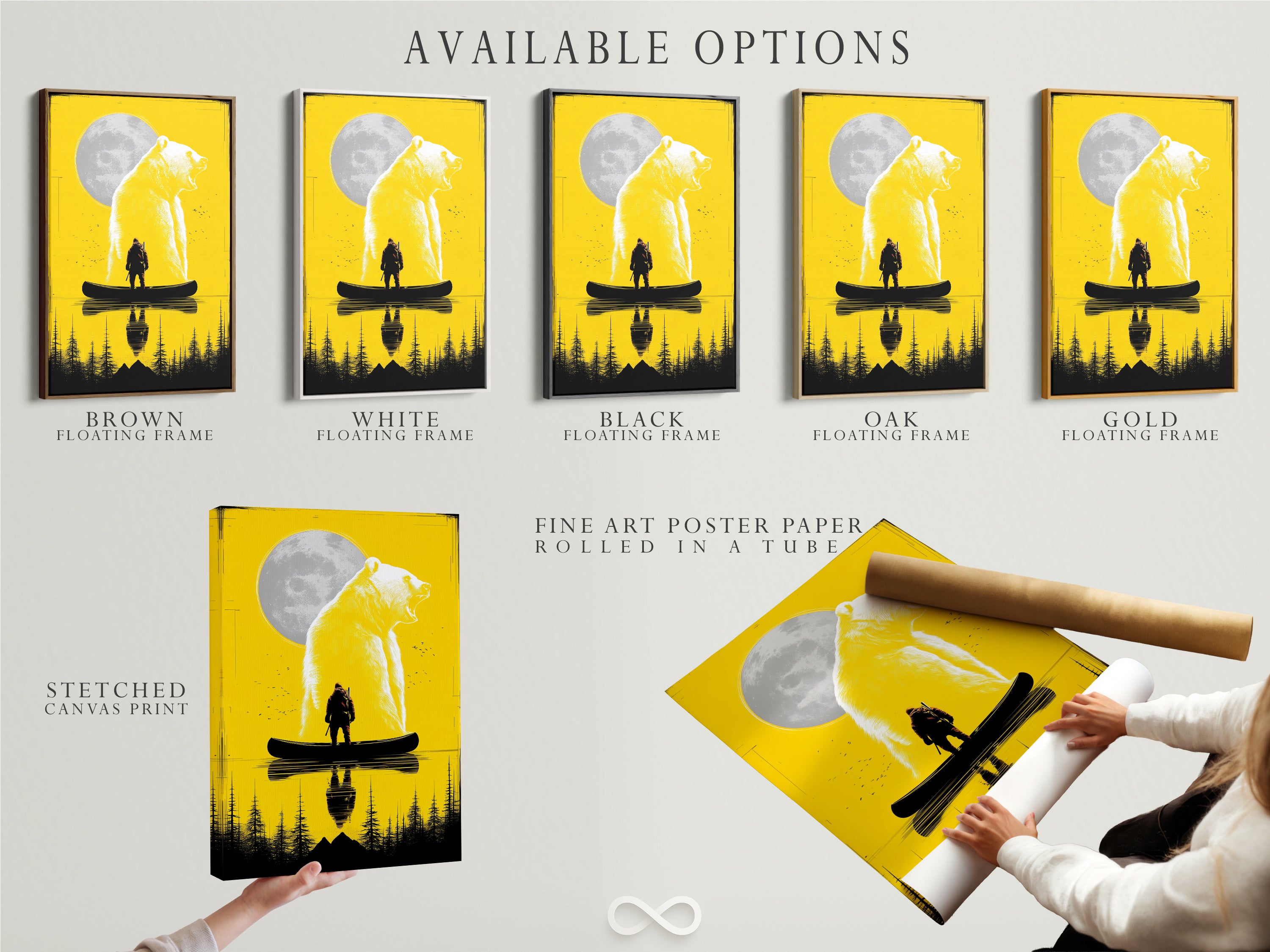 Available Options for Grizzly Bear and Hunter Canoe Artwork. Choose from stretched canvas fine art poster paper or floating frame. Customize your artwork to match your style. The yellow wildlife art print is versatile for any room.