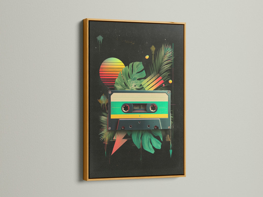 A gold frame adds a touch of elegance to this art print. The retro cassette tape art is enhanced by the gold frame. The art features tropical leaves and a sunset. Elevate your space with this sophisticated piece. Shop now for gold-framed artwork.