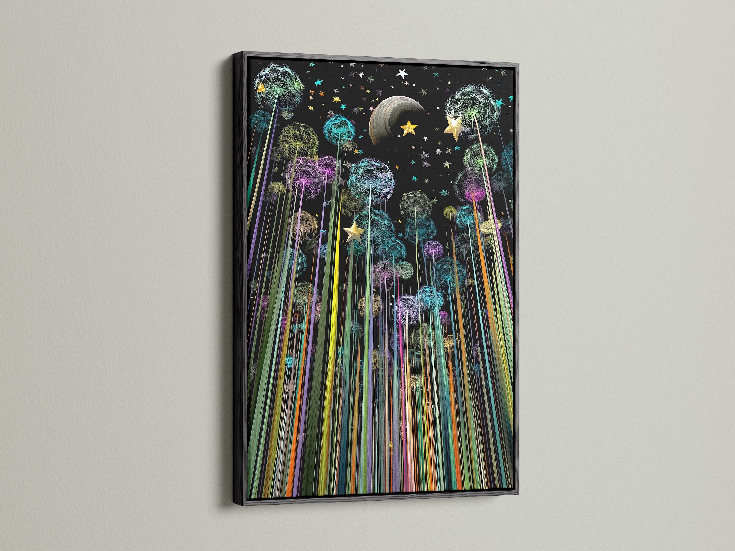 A black frame enhances the Dandelion Galaxy Canvas Print. The celestial wall art features a modern contrast. This colorful artwork is perfect for a playroom. The black frame adds a bold statement to the space art.