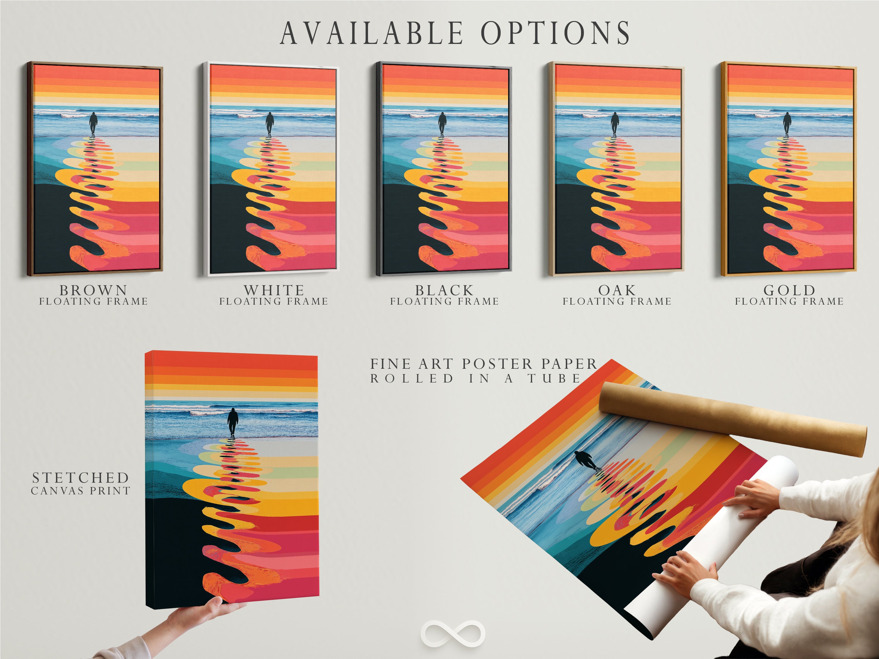 Available options are displayed including a stretched canvas print fine art poster paper and a floating frame. Customize your retro striped seascape wall art to fit your style. Choose the perfect format for this coastal artwork. Enhance your space with this beach scene print.
