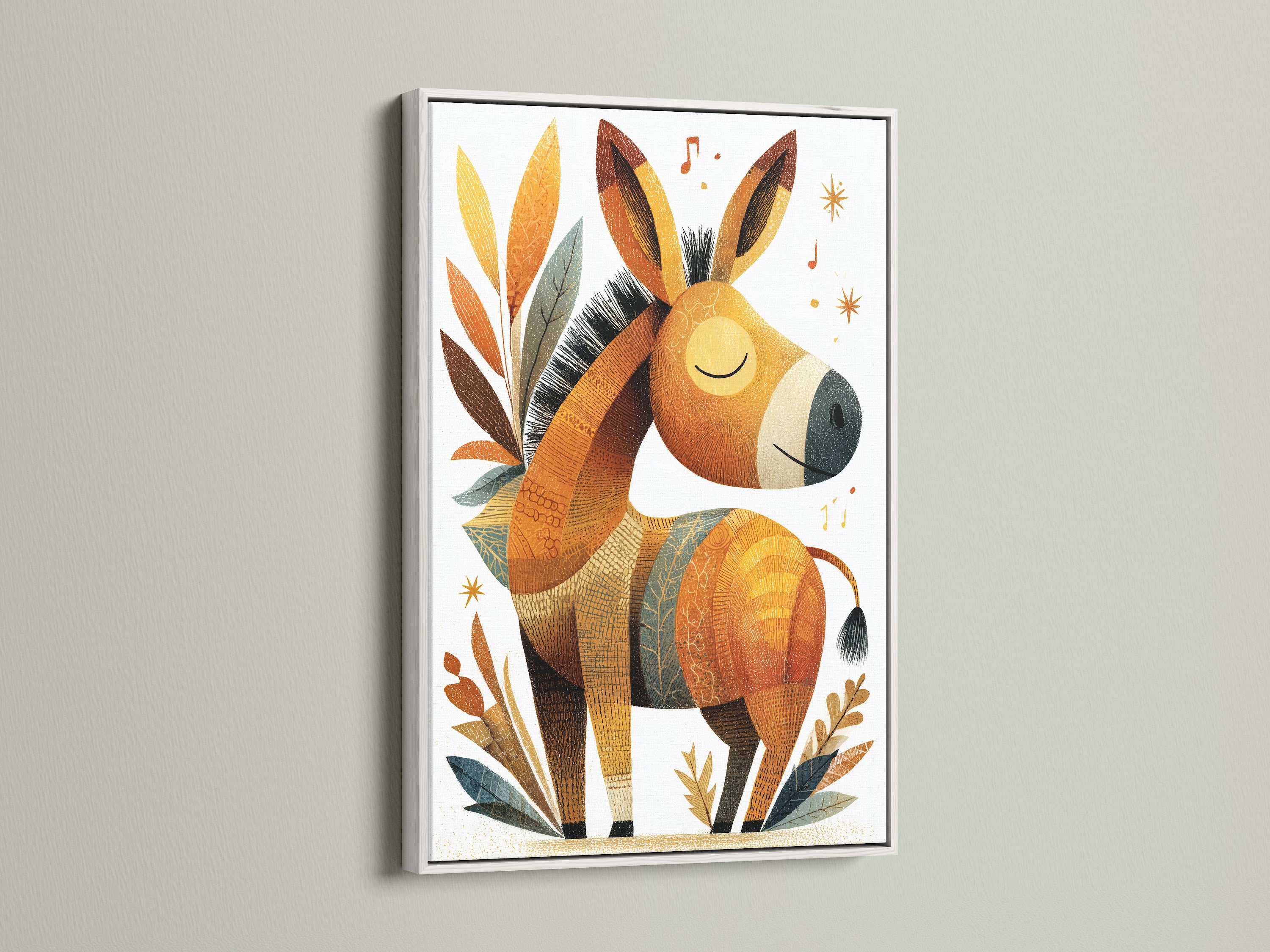 This donkey artwork is beautifully presented in a white frame. The frame offers a clean modern look. White frames accentuate the art. Enhance your home with this beautiful framed animal artwork. A great addition to any room.