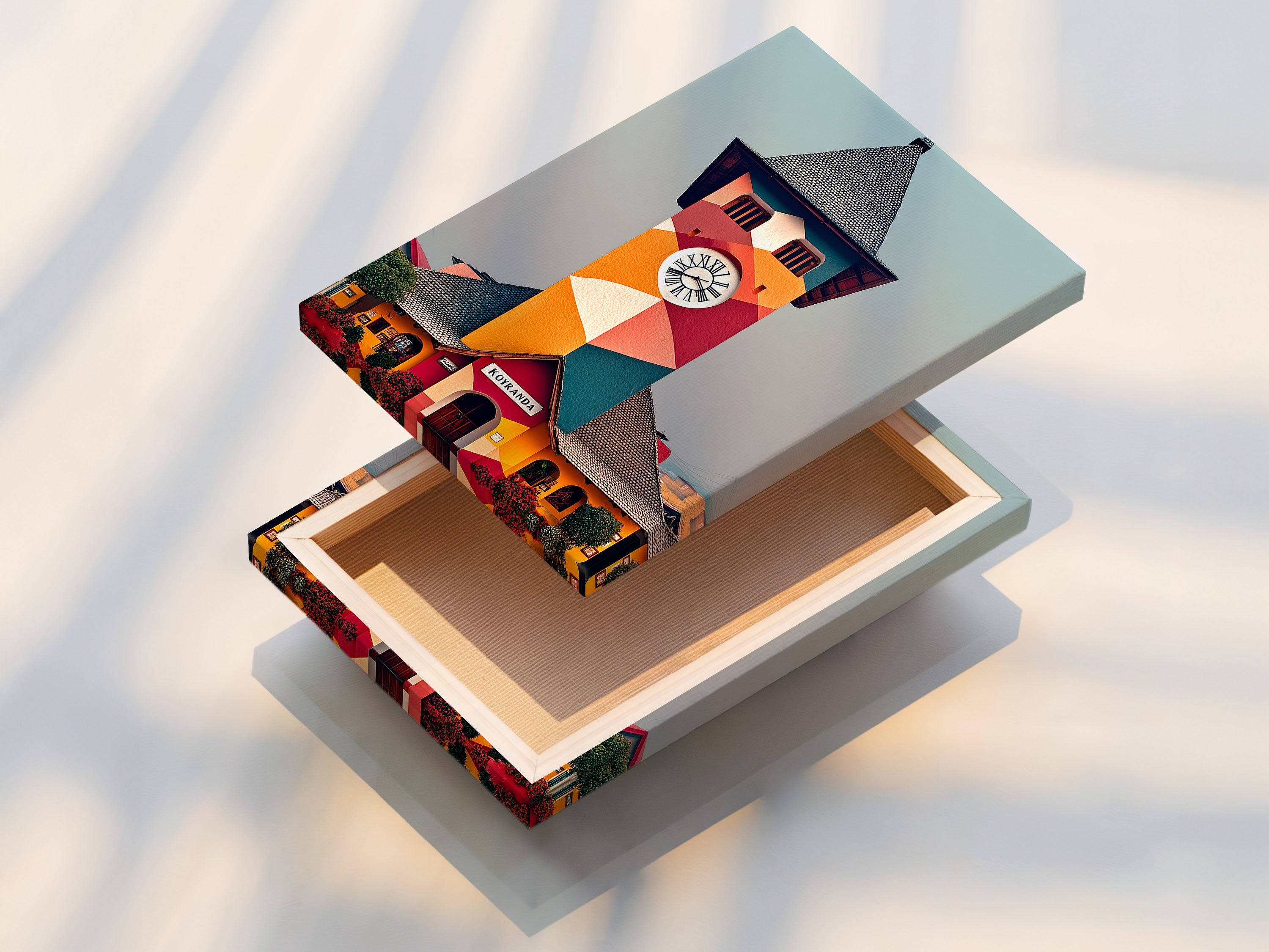 A stretched canvas print displays colorful architecture artwork. The geometric building art of a clock tower makes a statement. Ideal for adding a modern touch this piece enhances any room. This vivid wall art print is perfect for office or home decor.