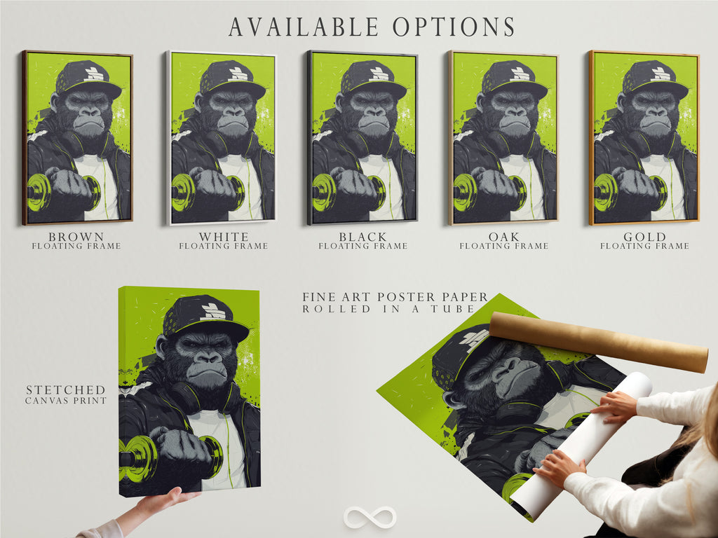 Available options are showcased including a stretched canvas print. Also shown is fine art poster paper and a floating frame. Customize your gorilla workout art to fit your space. Choose the perfect style for your home gym or office. Enjoy urban animal art in your own way.