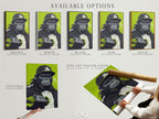 Available options are showcased including a stretched canvas print. Also shown is fine art poster paper and a floating frame. Customize your gorilla workout art to fit your space. Choose the perfect style for your home gym or office. Enjoy urban animal art in your own way.