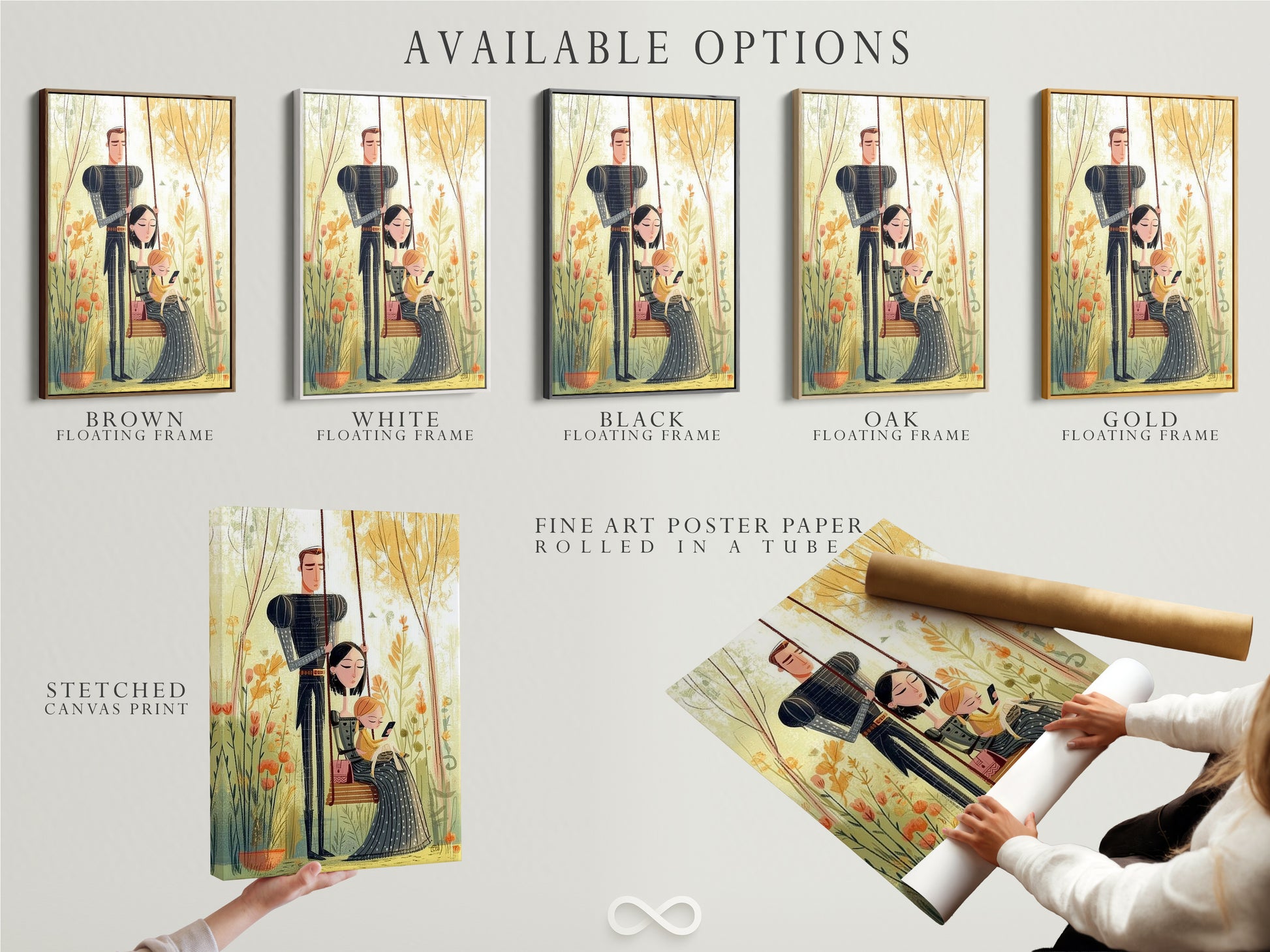 Available options for family artwork are displayed. Choose from stretched canvas prints fine art poster paper or floating frames. Customize your artwork to match your personal style. Explore various options for your home.