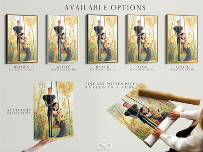 Available options for family artwork are displayed. Choose from stretched canvas prints fine art poster paper or floating frames. Customize your artwork to match your personal style. Explore various options for your home.