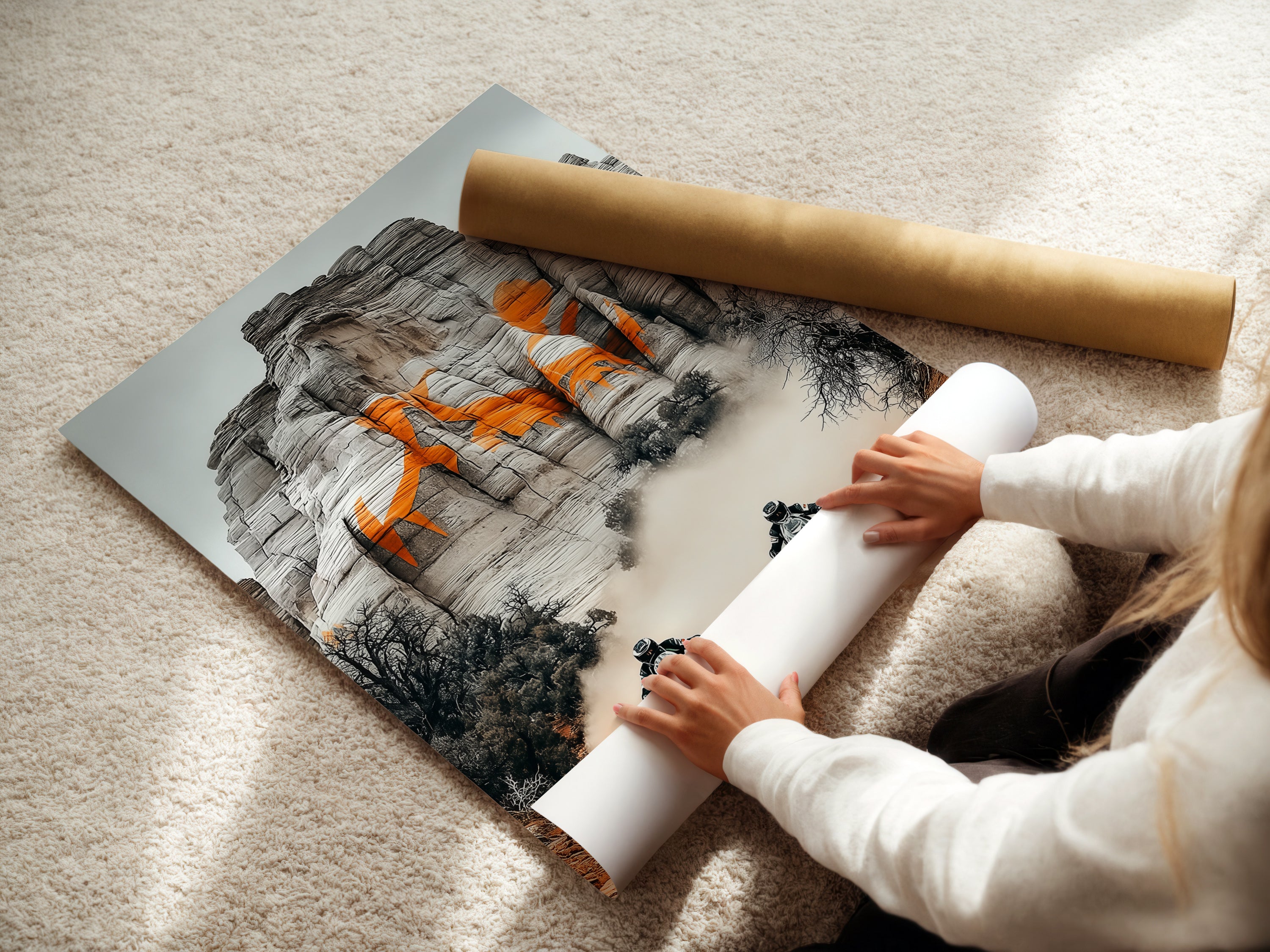 A woman carefully rolls a fine art poster paper. Preparing desert adventure art for display. Perfect for creating motorcycle wall art or sports canvas prints. Homeowners and sports fans can add adventure artwork to their space. This fine art poster paper is ideal for printing desert landscape motorcycle prints.