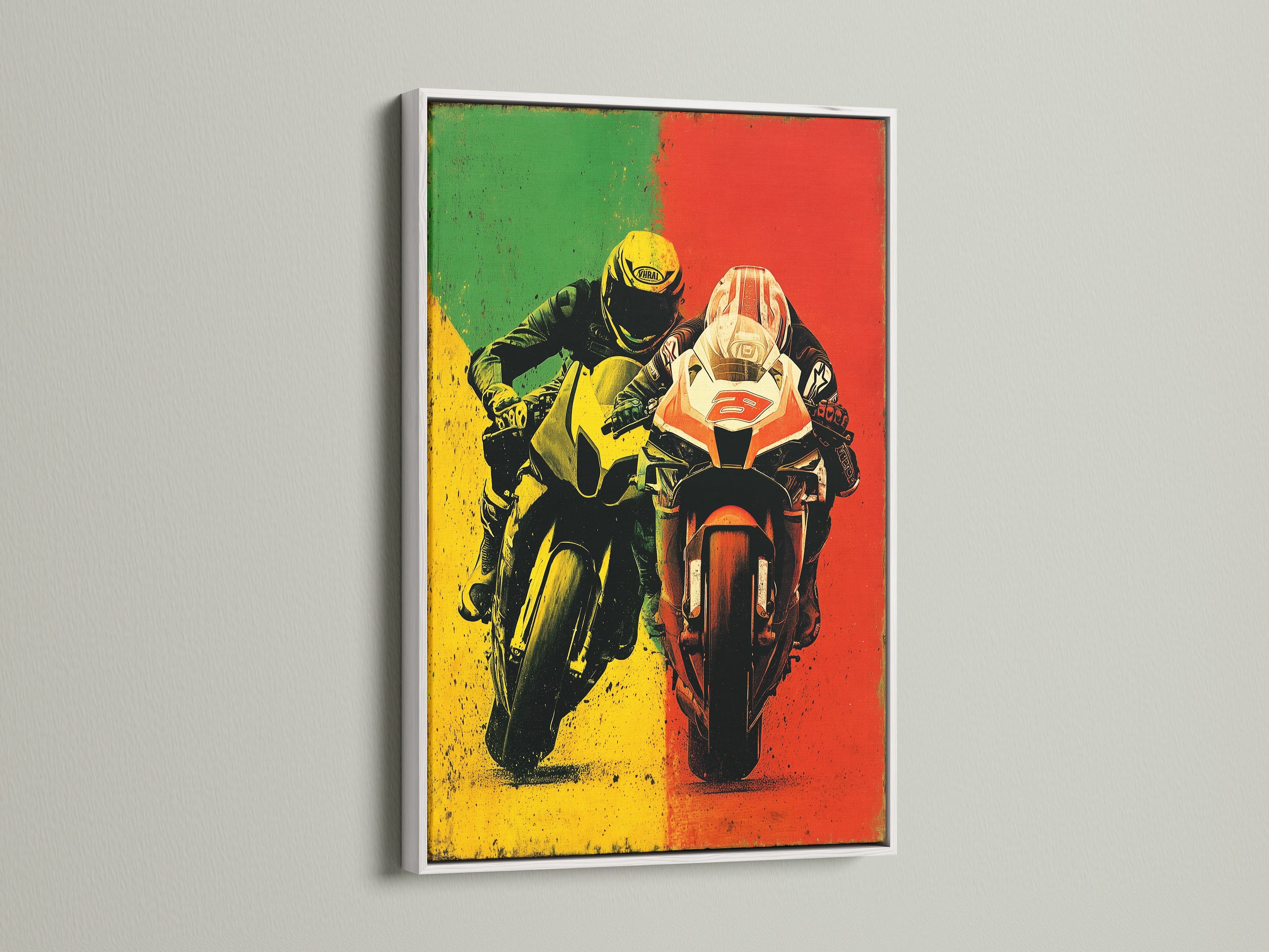 This motorcycle racing art print features a white frame. Add a vintage touch to your garage or man cave with this sports poster. The artwork is bold and eye-catching. A great gift for motorcycle enthusiasts.