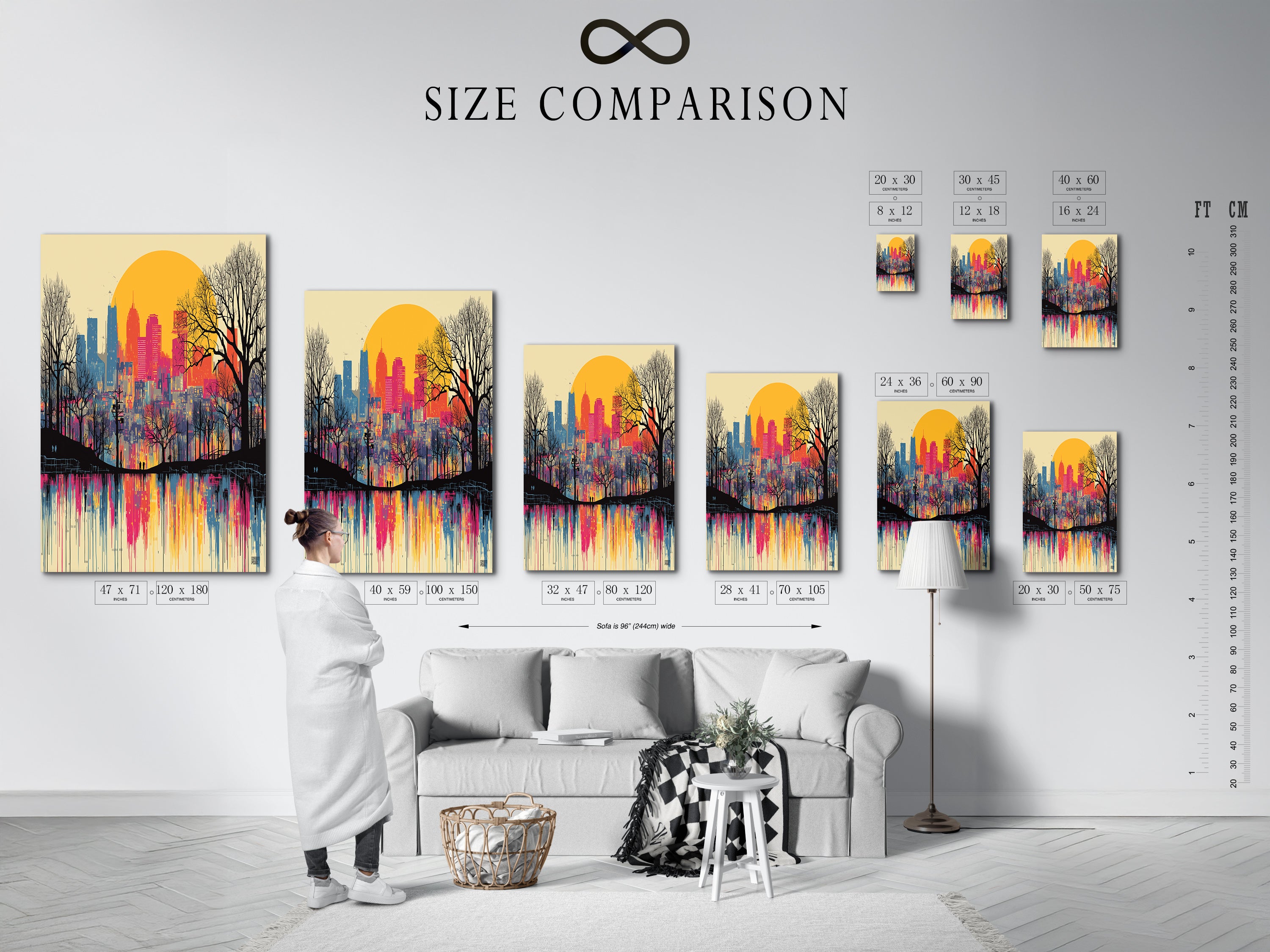 Size comparison chart in an interior setting displaying the City Skyline Canvas Print. Visualize the perfect size for your space. This urban wall art adds a modern touch to any room. Find the ideal fit for your modern wall art.