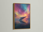 Artwork featuring a whale breaching under the northern lights. The art is displayed in a gold frame. The gold frame adds a touch of luxury. It enhances the artwork's vibrancy. Ideal for adding elegance to your decor. This framed art is a sophisticated choice.