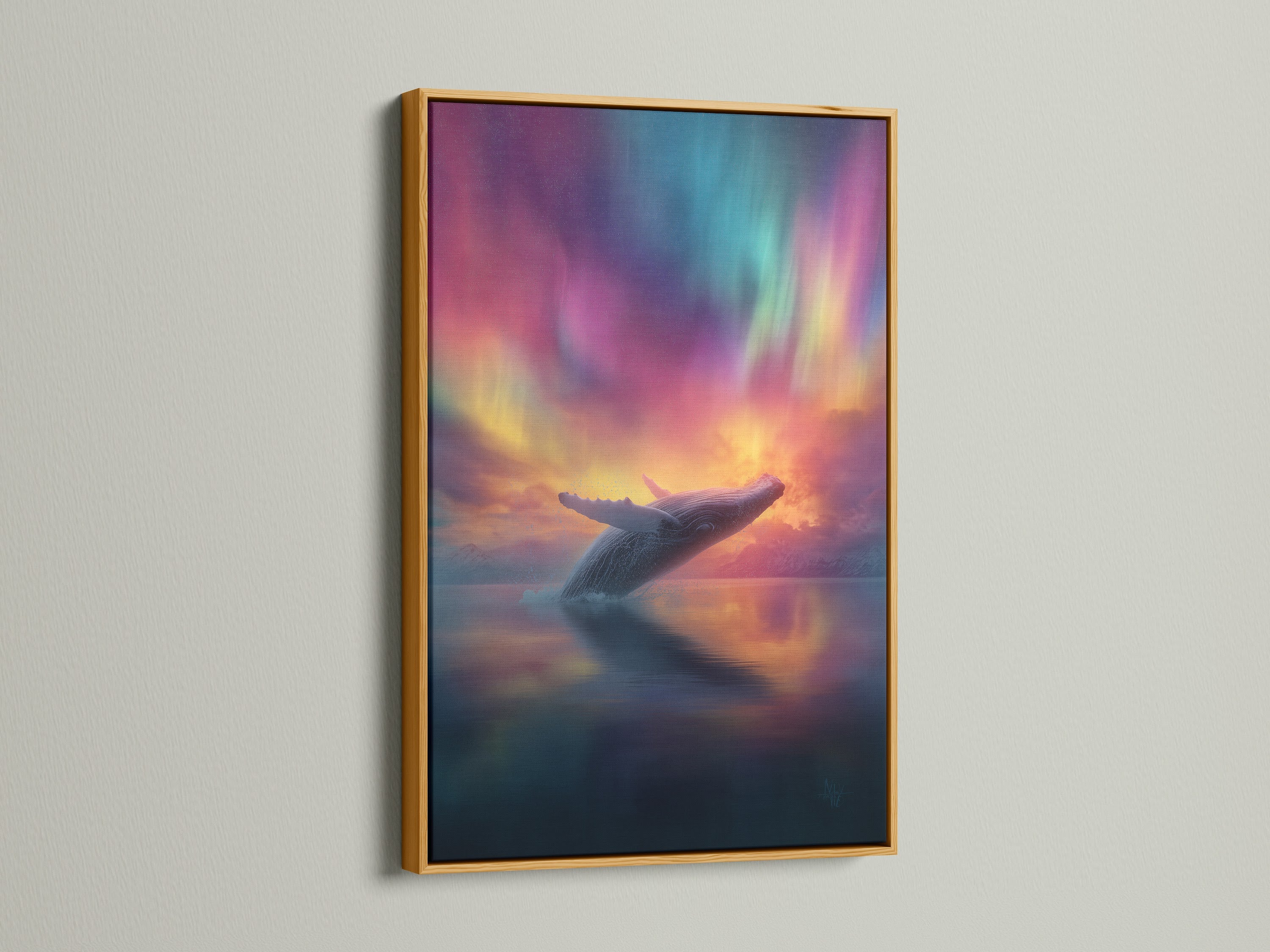 Artwork featuring a whale breaching under the northern lights. The art is displayed in a gold frame. The gold frame adds a touch of luxury. It enhances the artwork's vibrancy. Ideal for adding elegance to your decor. This framed art is a sophisticated choice.