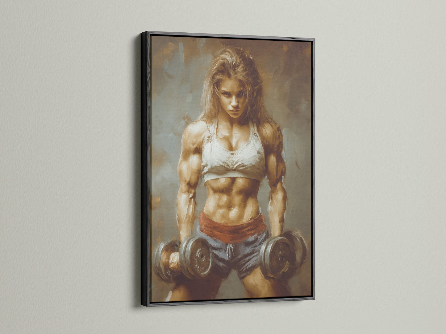 Black frame artwork of a strong woman. This fitness wall art enhances gym wall decor. The female bodybuilder artwork adds strength. A motivational poster for your home gym. This piece will definitely elevate your space.