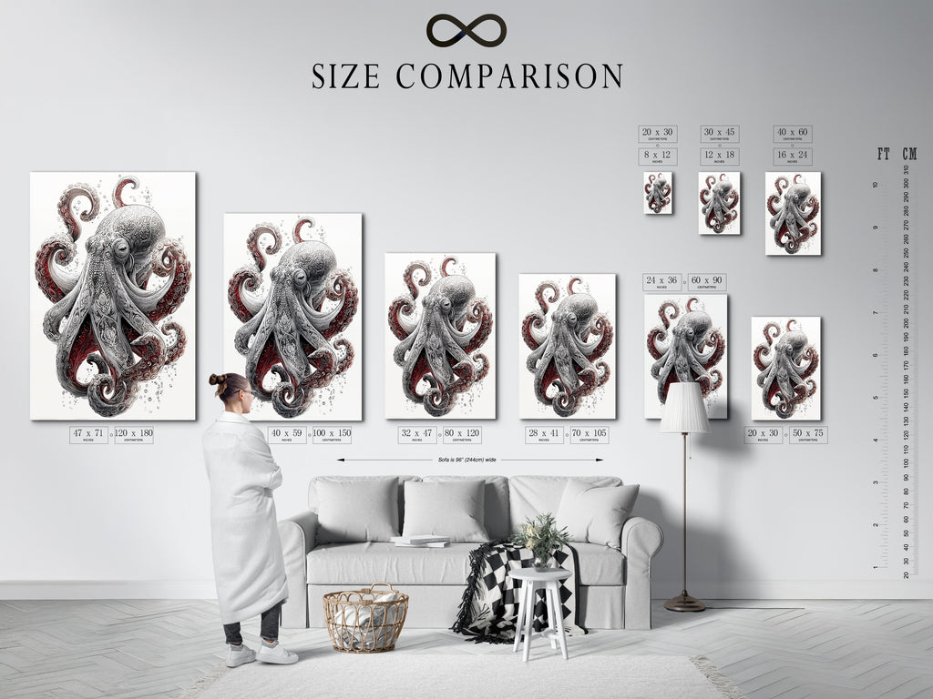 A size comparison chart in an interior setting helps you choose the perfect fit. Visualize how the Octopus art print will look in your space. Find the ideal size for your nautical wall decor. Enhance your home with this stunning sea creature art.