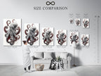 A size comparison chart in an interior setting helps you choose the perfect fit. Visualize how the Octopus art print will look in your space. Find the ideal size for your nautical wall decor. Enhance your home with this stunning sea creature art.