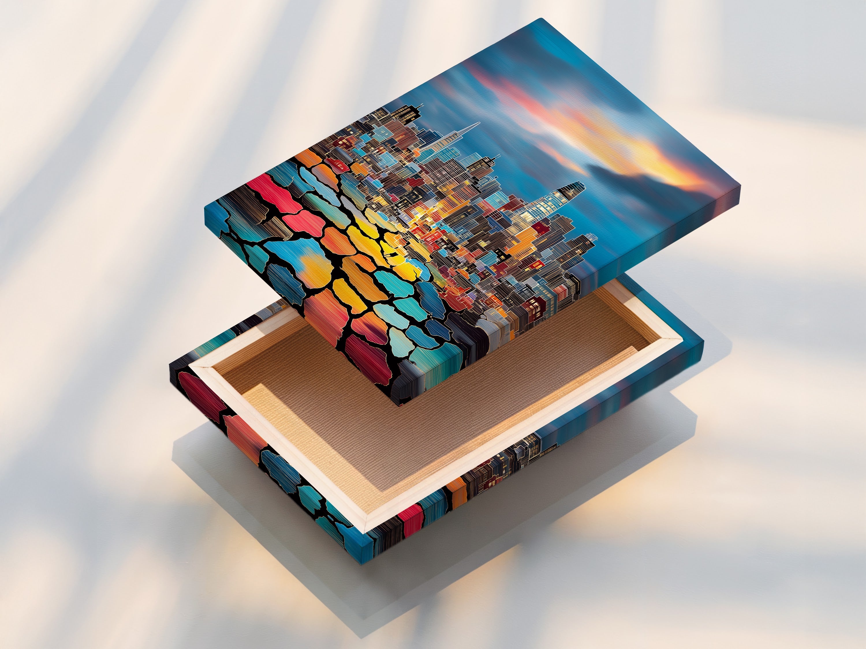 This is a stretched canvas print featuring a cityscape. The stretched canvas enhances the artwork's texture and depth. It is ready to hang adding instant urban flair to any wall.