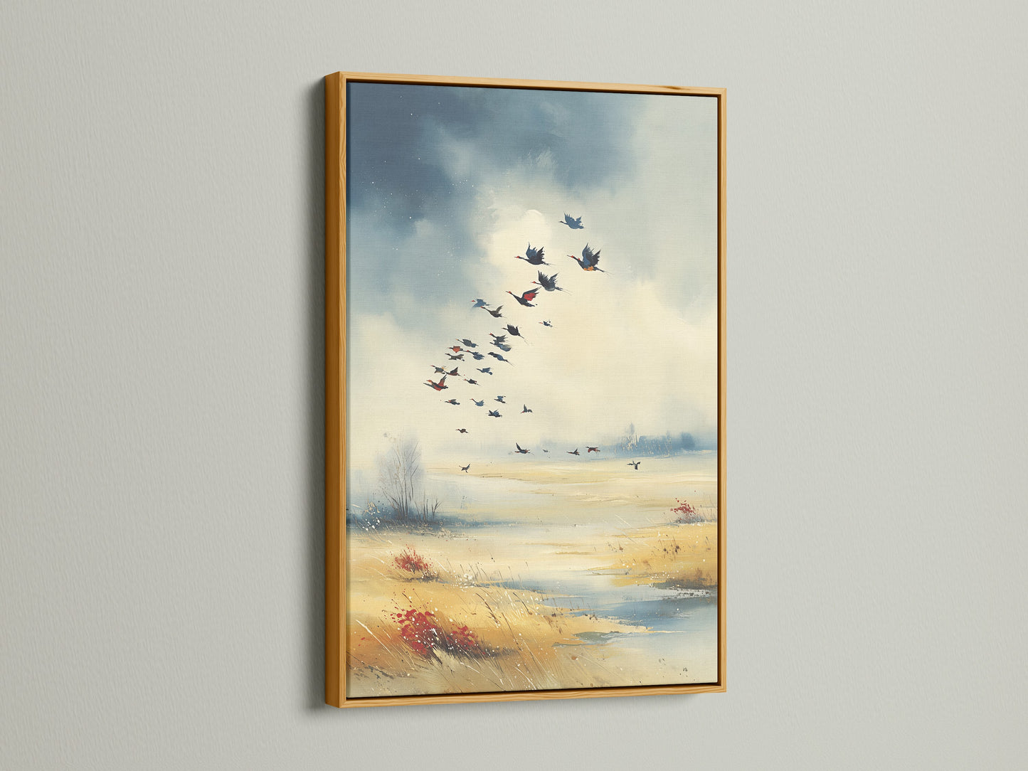 Birds in Flight canvas artwork with a gold frame. This elegant artwork brings a touch of luxury to your walls. The gold frame enhances the rustic nature and avian art. Ideal for business owners wanting to add a refined touch. This canvas artwork is perfect for creating a focal point.