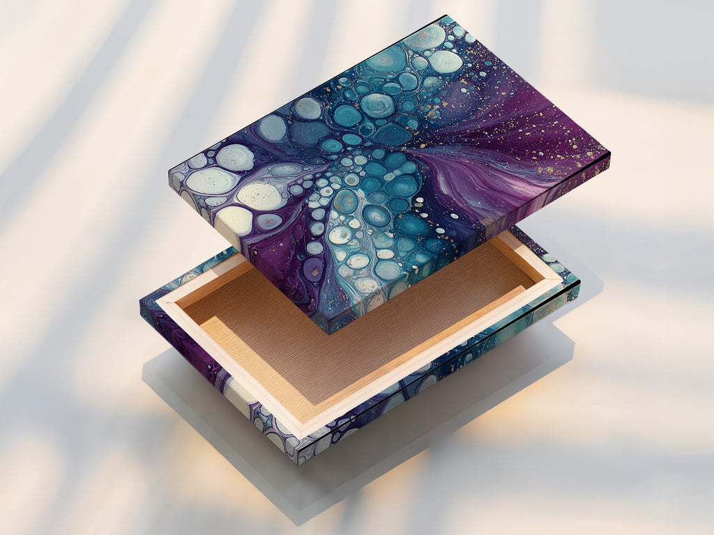 A stretched canvas print showcasing abstract fluid art. The purple and teal colors create a modern and captivating piece. This bubble artwork is ready to hang. It will transform any space with its contemporary style. Perfect for living rooms bedrooms and offices.