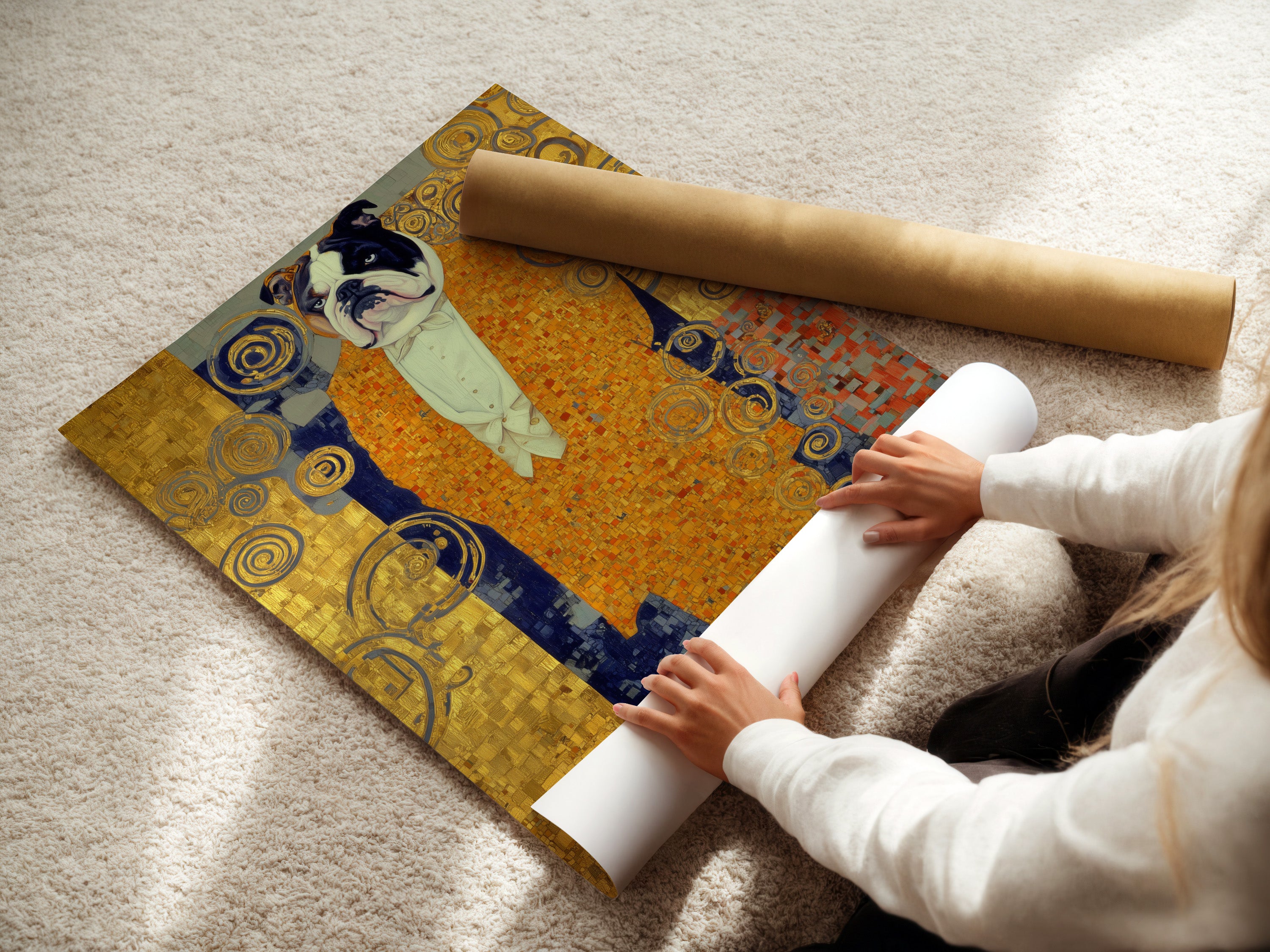 A woman is carefully rolling a fine art poster paper featuring the Klimt Style Bulldog. This dog portrait print is perfect for creating a unique art nouveau print. It's a decorative art piece. It is ideal as golden wall art. It's an ornamental print suitable as a dog lover gift.