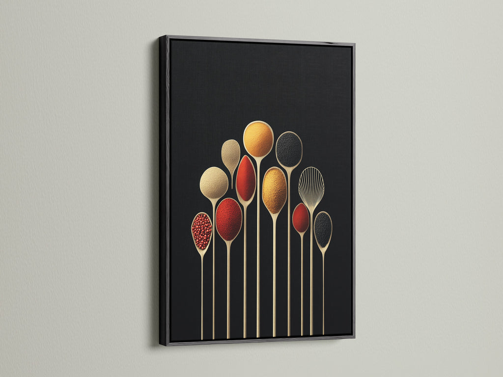 Spice Spoons modern art print in a sleek black frame. This culinary artwork makes an excellent addition to kitchen wall decor. The black frame emphasizes the vibrant spice canvas.