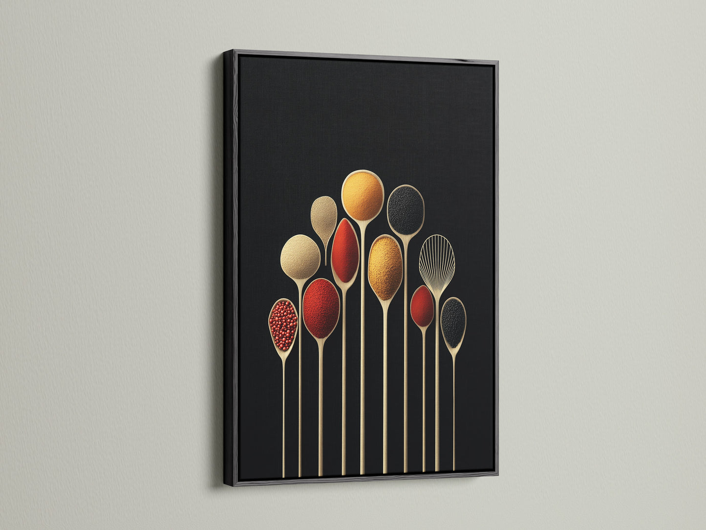 Spice Spoons modern art print in a sleek black frame. This culinary artwork makes an excellent addition to kitchen wall decor. The black frame emphasizes the vibrant spice canvas.