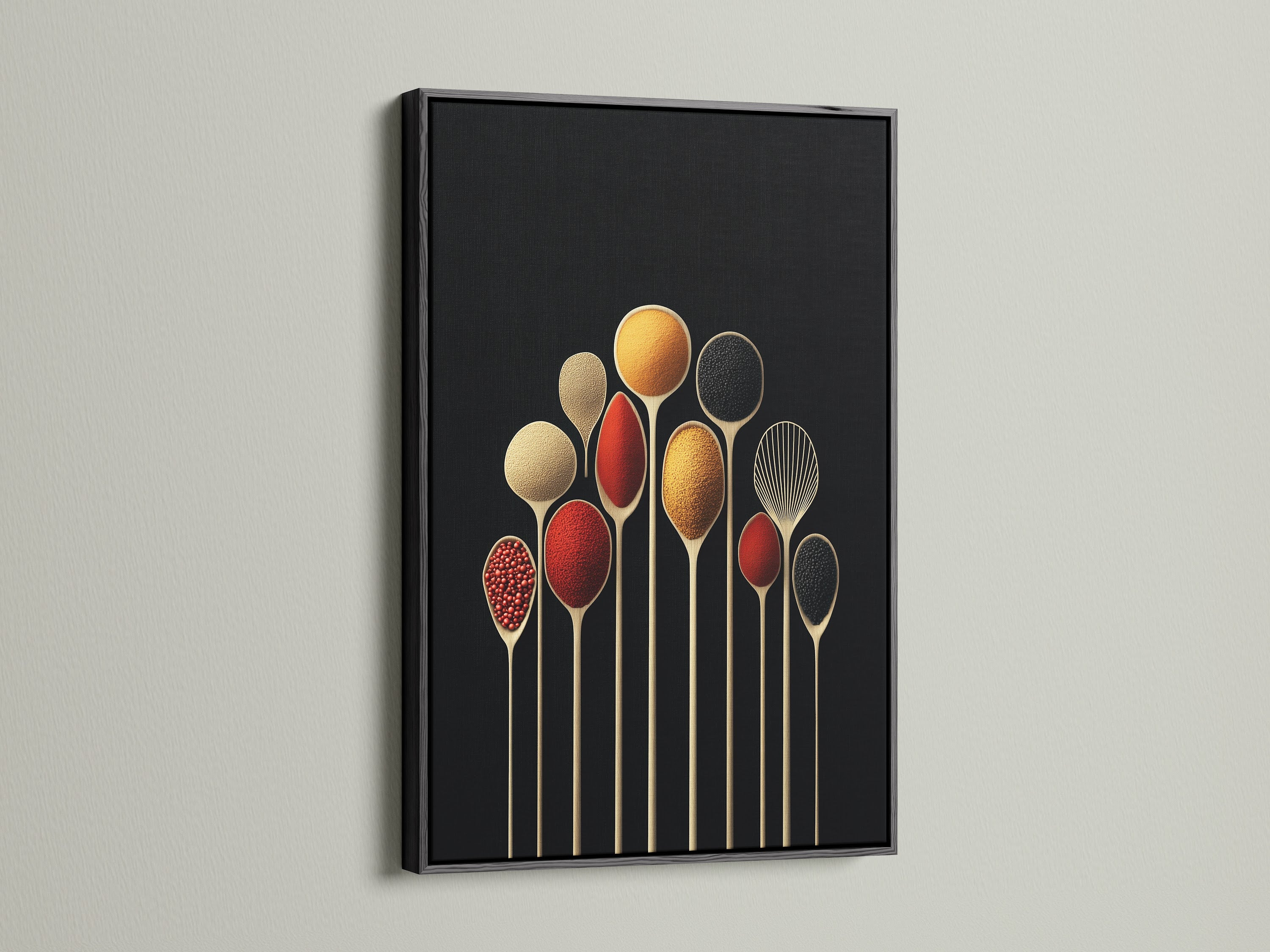 Spice Spoons modern art print in a sleek black frame. This culinary artwork makes an excellent addition to kitchen wall decor. The black frame emphasizes the vibrant spice canvas.