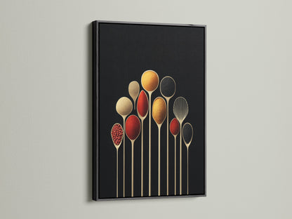Spice Spoons modern art print in a sleek black frame. This culinary artwork makes an excellent addition to kitchen wall decor. The black frame emphasizes the vibrant spice canvas.